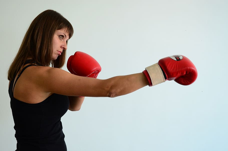 woman, wearing, red, boxing gloves, inside, room, girl, gloves, sports, boxing