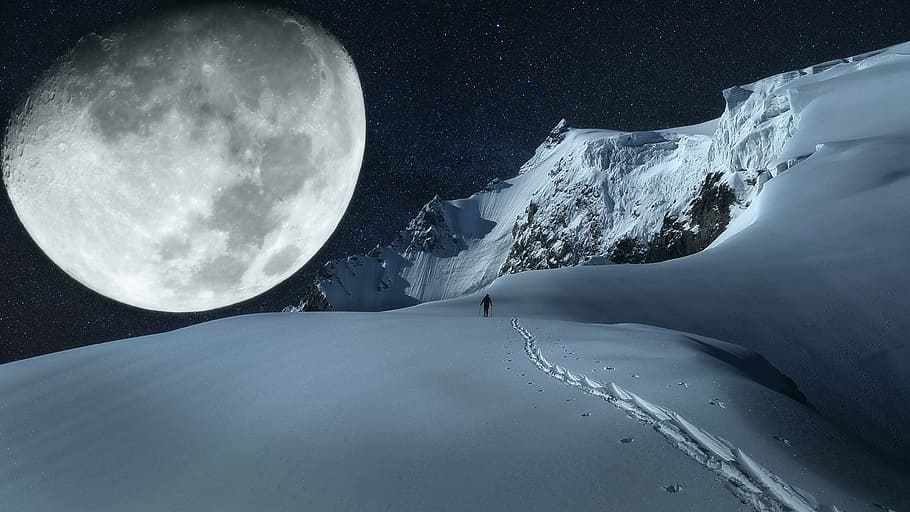 person, standing, land, filled, snow, visible, moon, background, land filled, mountain