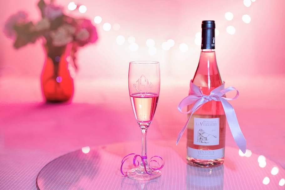 clear, liquor glass, bottle, pink wine, champagne, celebration, pink, valentine's day, wedding, party