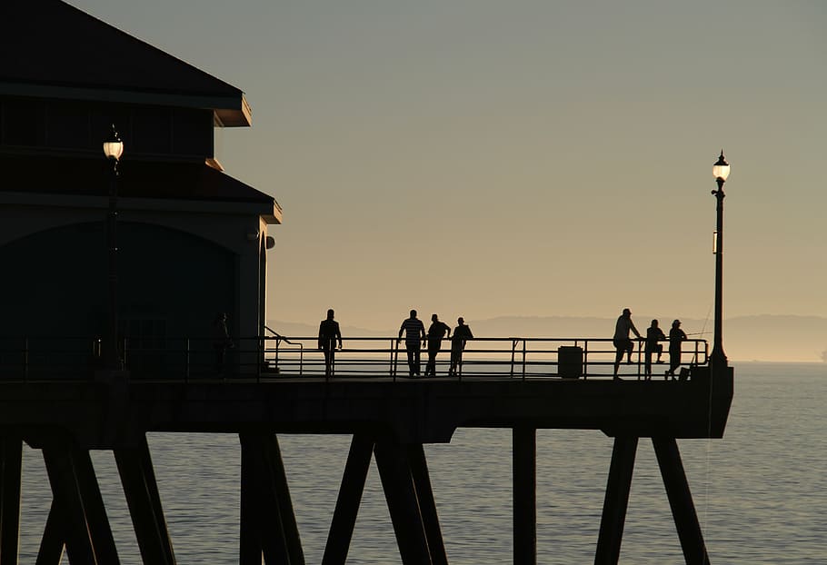 california, dock, pier, coast, pacific, usa, evening, sunset, sky, group of people