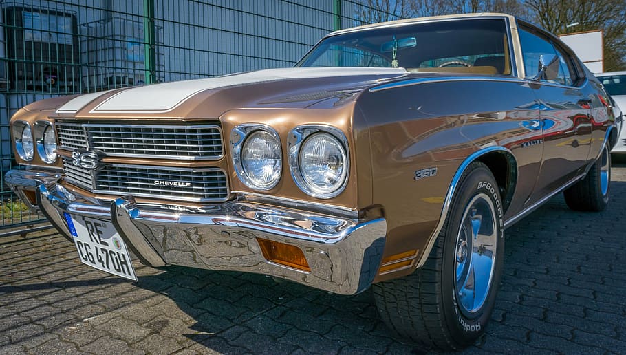 brown, chevrolet chevelle ss coupe, road, gray, metal fence, daytime, auto, chevrolet, oldtimer, chevelle