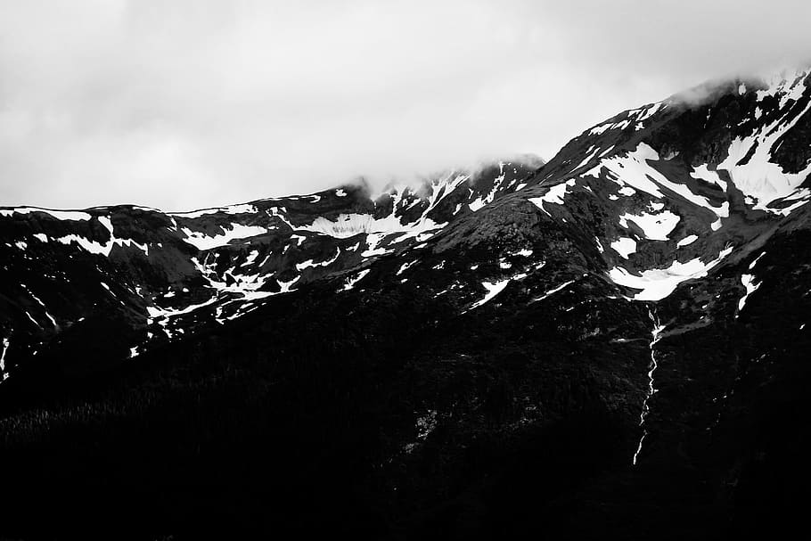 fotografi abu-abu, bersalju, gunung, alam, salju, asap, kabut, abu-abu, monokrom, hitam dan putih