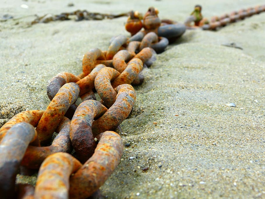 iron chain, metal, stainless, old, links of the chain, chain, iron, sand, beach, corrosion