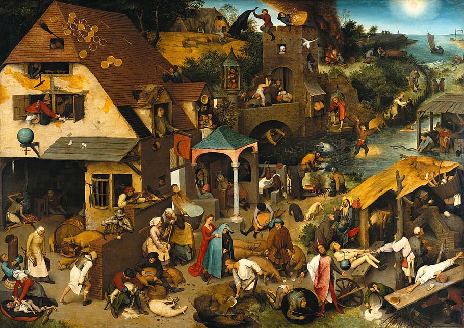 village, people painting, chaotic, town, painting, oil painting, pieter bruegel of the elder, 1559, dutch proverbs, architecture And Buildings