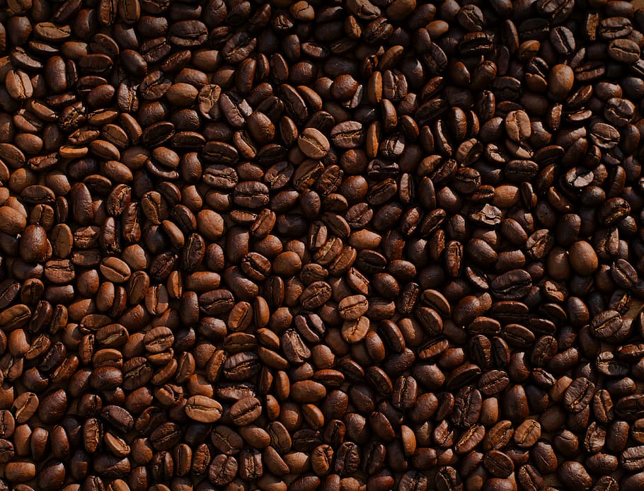 Biji kopi, kacang, coklat, kopi, bahan, panggang, kafein, latar belakang, minum, close-up