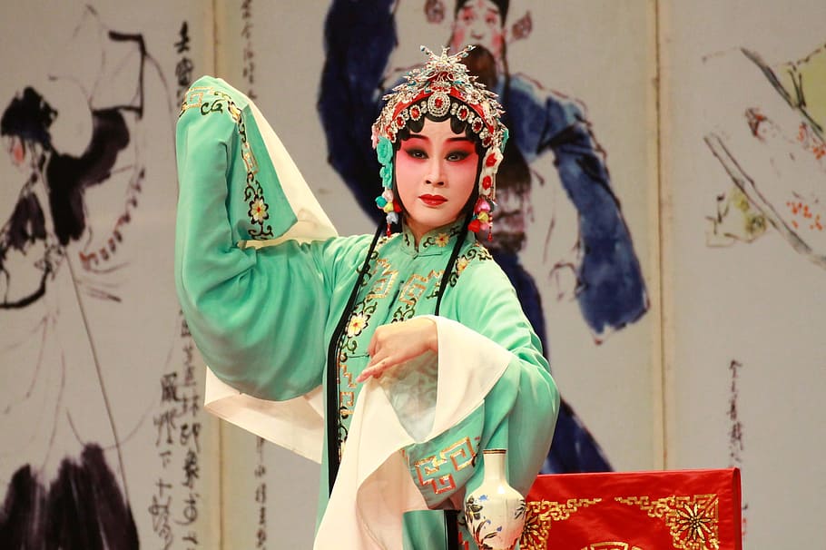 kunqu opera, the peony pavilion, tsing yi, the long sleeves, one person, clothing, women, adult, young adult, traditional clothing