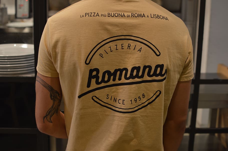 the roman, rome, pizzeria, text, western script, one person, midsection, real people, communication, indoors