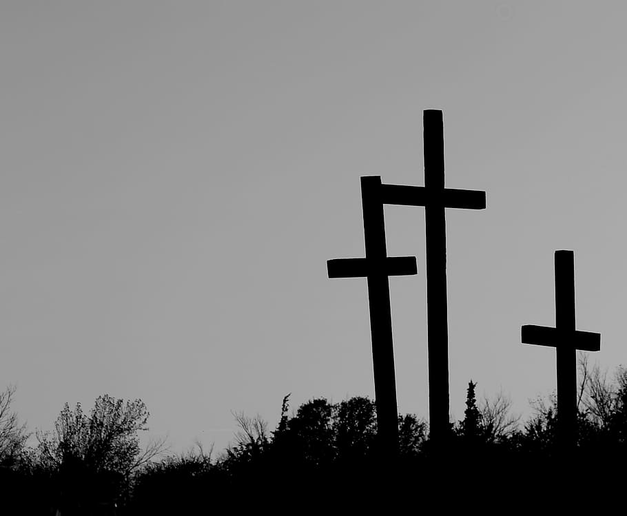 silhouette photography, three, cross, ground, trilogy, three crosses, wooden cross, religion, holy, christianity