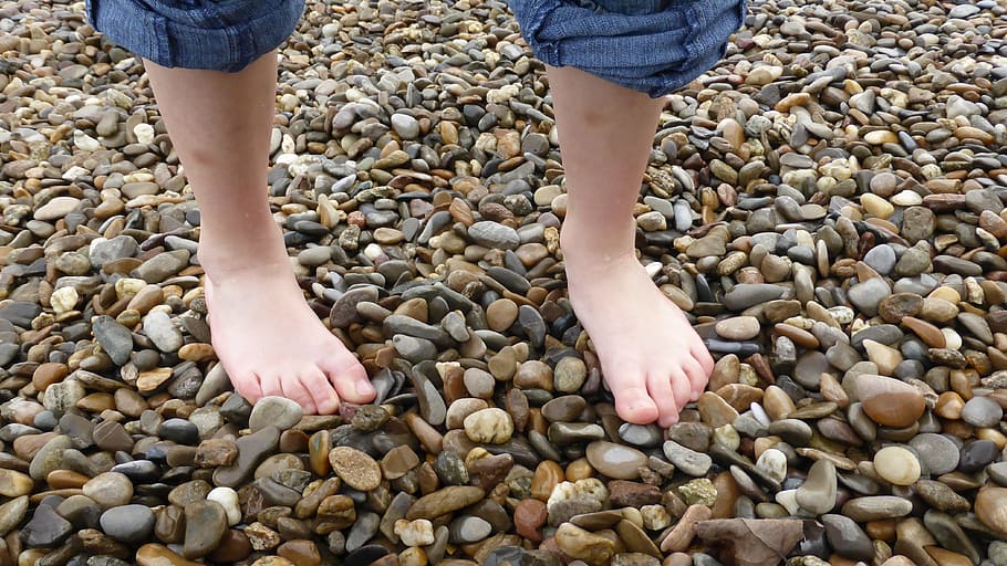 child, standing, stones, barefoot, foot, toes, wet, flushed, pebble, drop of water