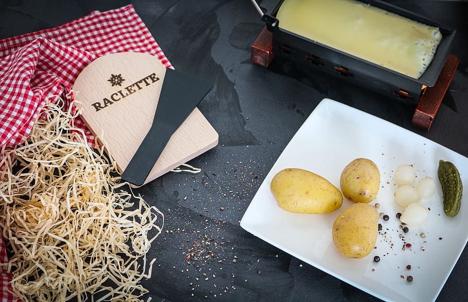 raclette, cheese, discs, food, eat, delicious, hearty, potato, plate, ingredient