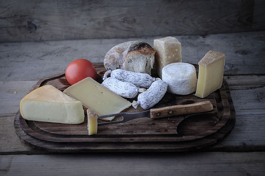 the dining board, cheese, salami, bread, wood - material, food, freshness, still life, table, indoors