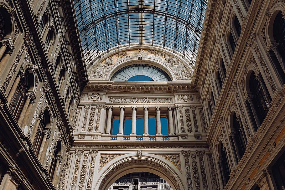 Italia, Eropa, kota, perjalanan, Napoli, Arsitektur, struktur yang dibangun, lengkungan, tampilan sudut rendah, plafon