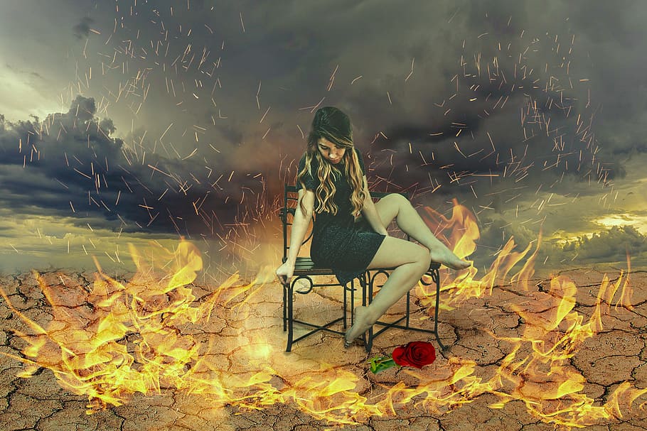 woman, sitting, black, steel chairs, surrounded, fire, fantasy picture, withered earth, sky, sitting on a bench