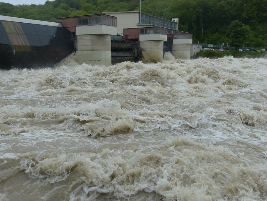 flood, crashing, building, lock, weir, high water, dam, barrage, power plant, danube
