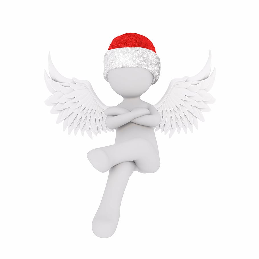 ilustrasi, malaikat, mengenakan, topi santa, natal, laki-laki putih, tubuh penuh, model 3d, angka, terisolasi
