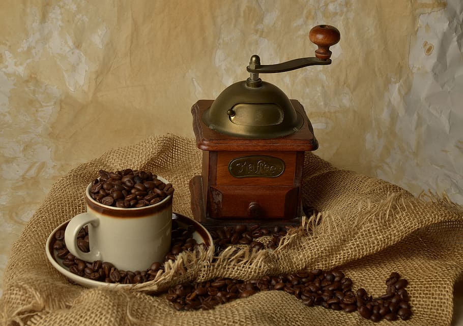 brown, white, ceramic, mug, grinder, coffee, grain, cup, retro, grain coffee