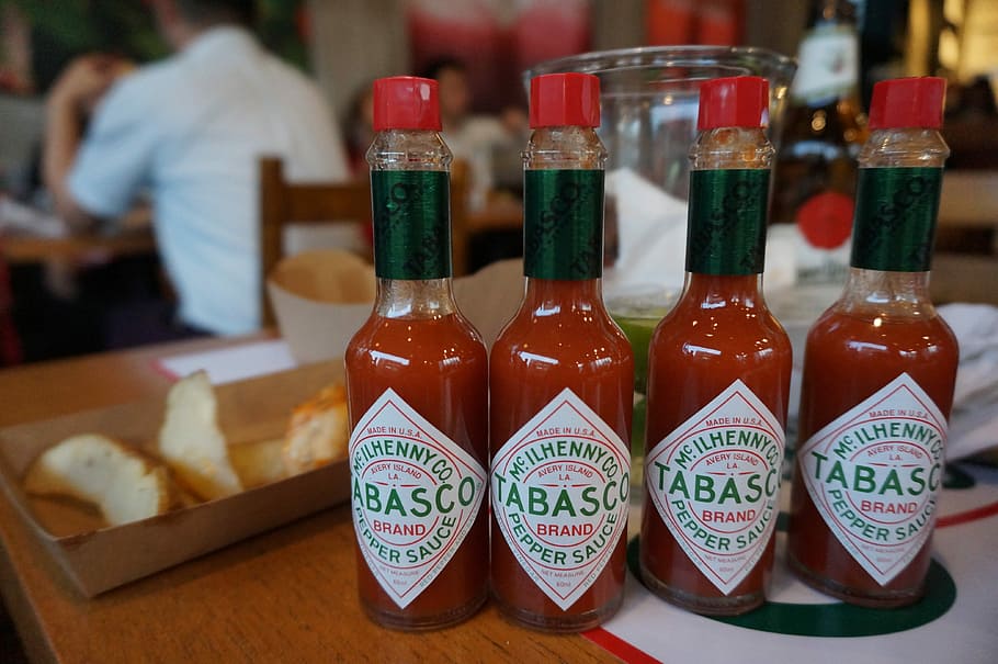 Tabasco, Hot, Spicy, Dip, Chili, Tomato, bottle, source, food and drink, indoors