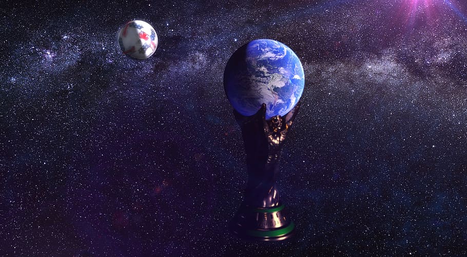 copa do mundo, 2018, rússia, futebol, bola, mundo, espaço, troféu, copa, campeonato