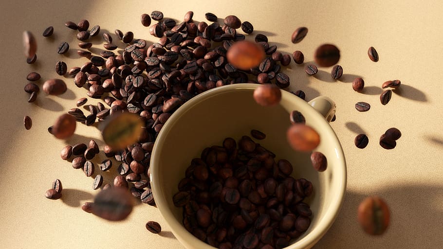 coffee, cup, table, grain, coffee beans, roasted coffee, grains, closeup, cup of coffee, beans