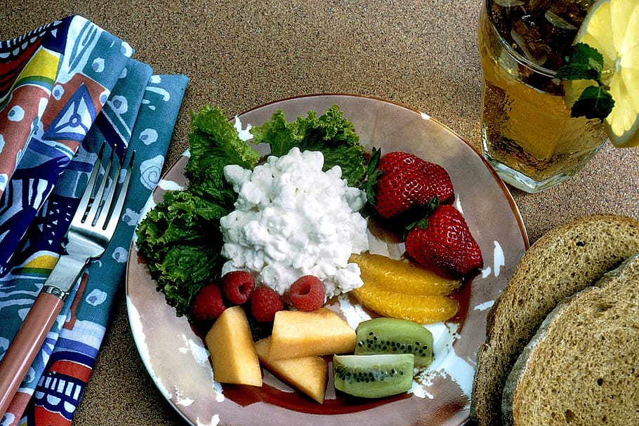 assorted, sliced, fruits, white, sauce, snack, fruit, plate, healthy, food