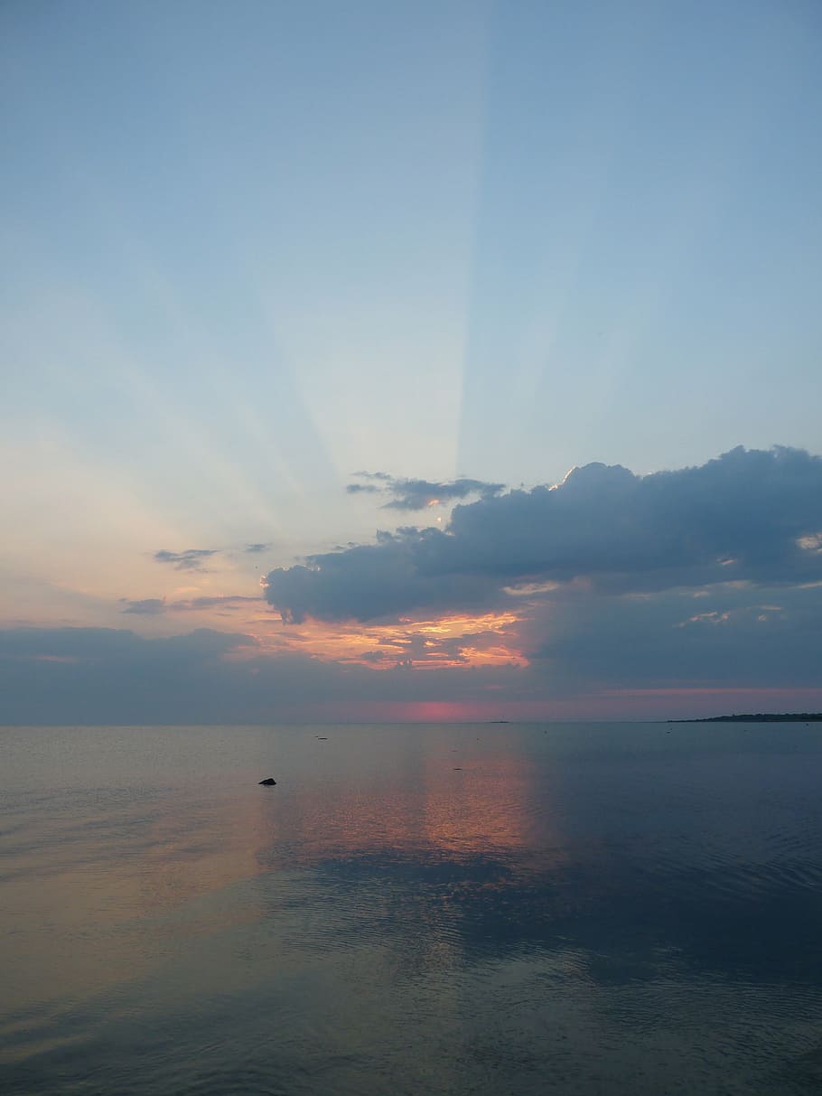 sunset, sea, sunrays, sky, roopa peninsula, saaremaa island, estonia, sun, nature, summer