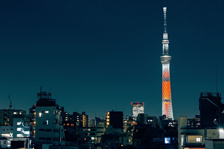city skyline, orange, white, tower, night, tokyo, sky tree, japan, cityscape, city