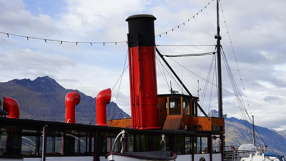 Steamer, Chimney, Ship Deck, ship, steamboat, cloud - sky, red, sky, transportation, outdoors