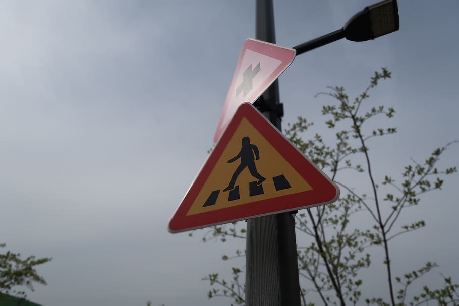 outdoors, signs, pedestrian crossing, sign, representation, communication, warning sign, road sign, sky, road
