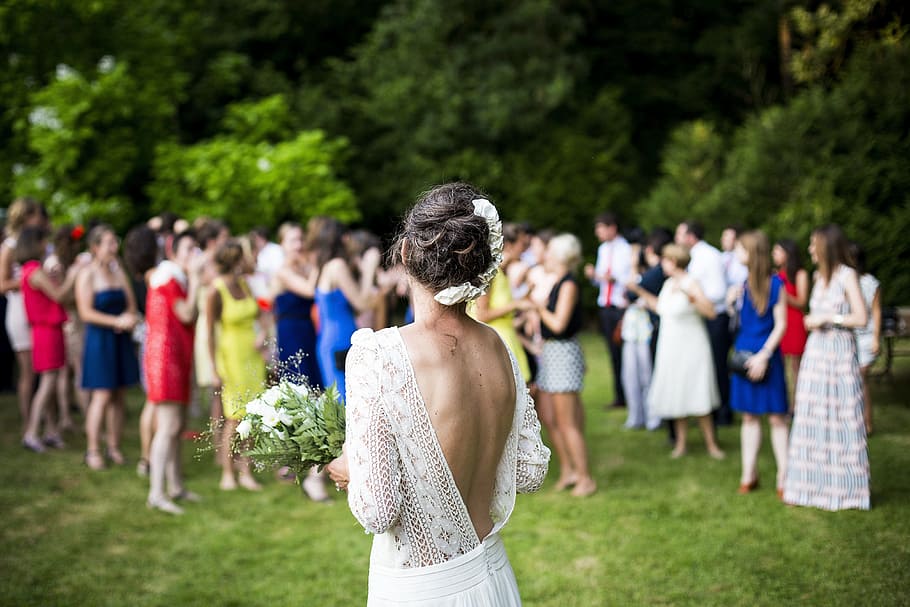 women, wearing, wedding dress, holding, bouquet, white, flower, preparing, toss, group