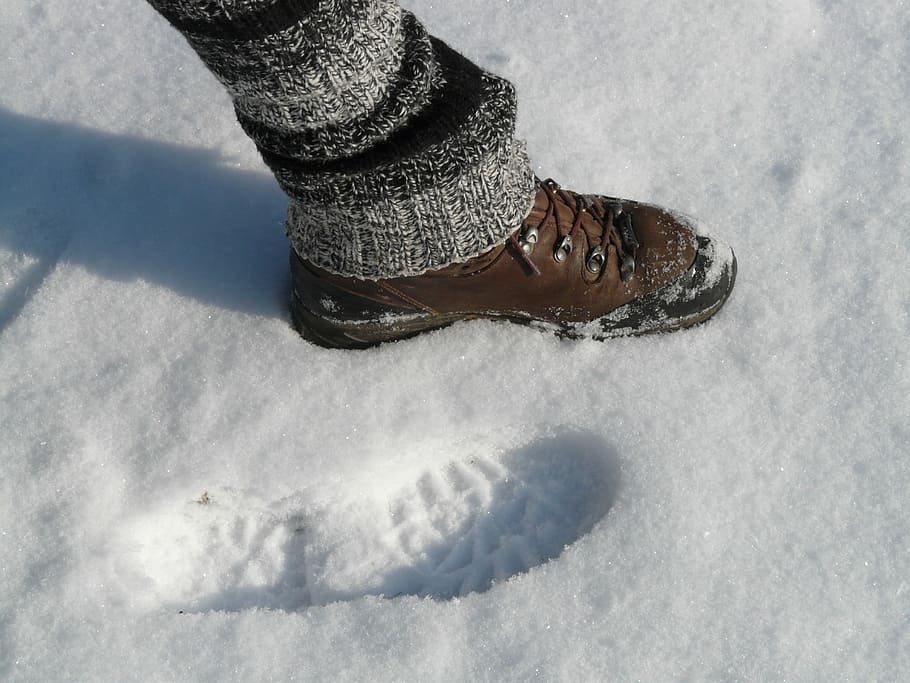 Foot, Footprint, Step, Winter, Reprint, deep snow, snow, cold, leg warmers, hiking shoes