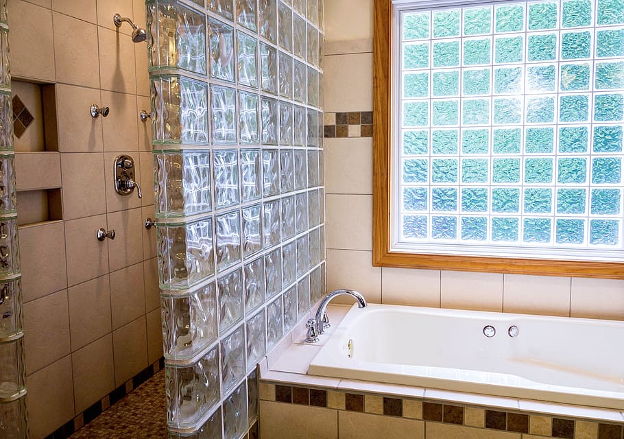 white, ceramic, bath tub, inside, bathroom, shower, tub, ceramic tile, glass blocks, window