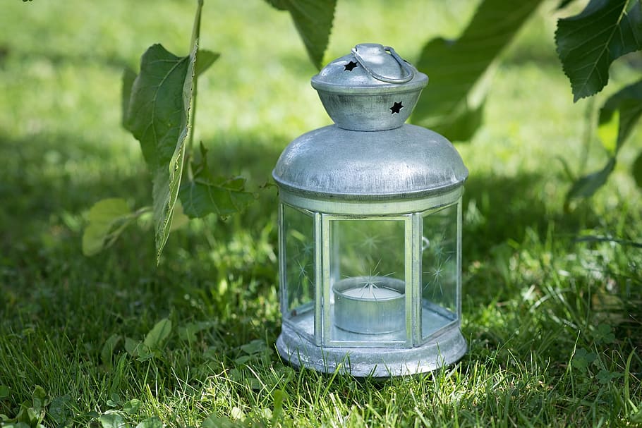 grey, tealight candle lantern, green, grass, lantern, lamp, metal lamp, close, summer, lighting medium