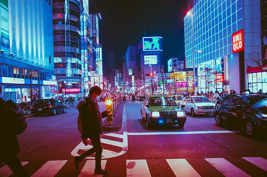 Persona, caminar, carril, ocupado, calles, Japón, Osaka, noche, Asia, punto de referencia