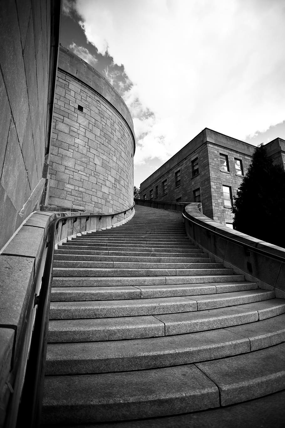 graycale photography, concrete, staircases, stairs, architecture, perspective, black and white, staircase, stairway, design
