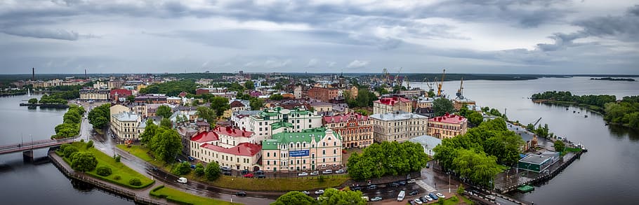 panorama, architecture, city, landscape, sky, river, buildings, russia, выборг, building exterior