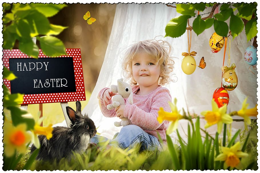 happy easter illustration, flower, child, fun, cute, nature, little, outdoors, happiness, baby