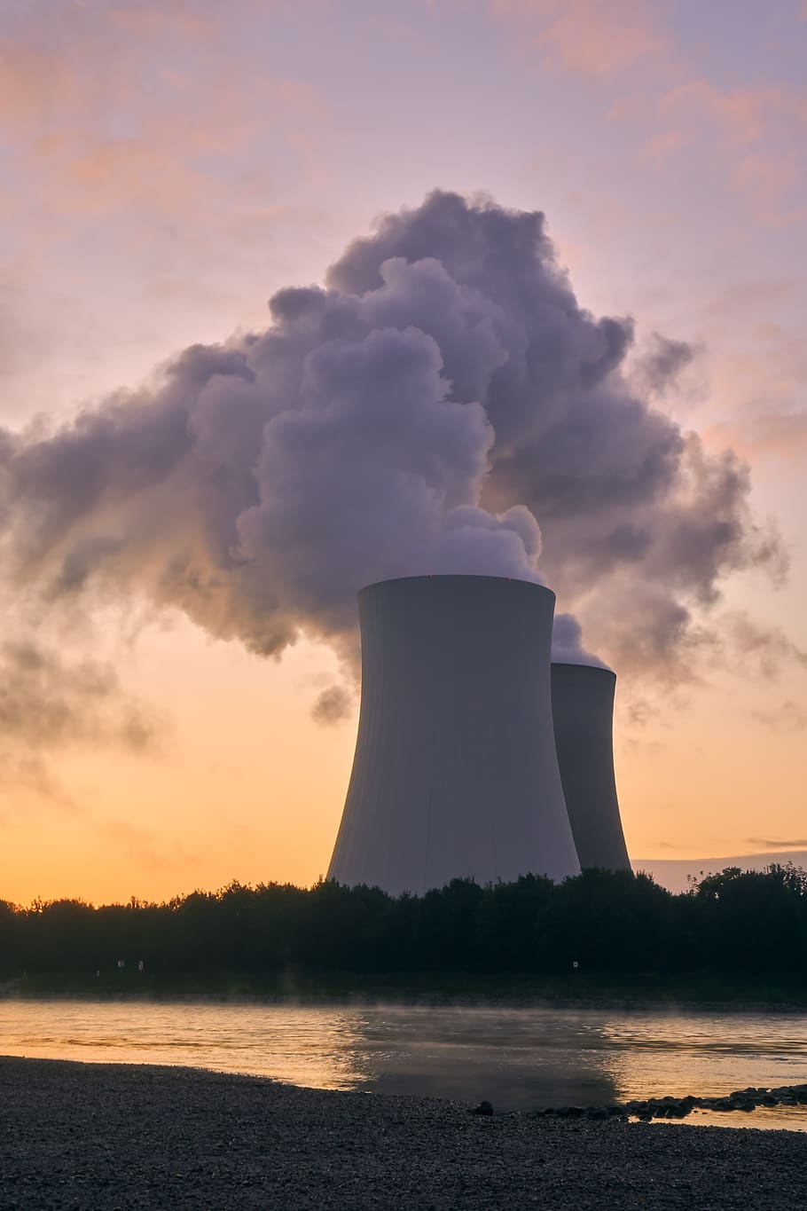 planta de energía nuclear, torre de enfriamiento, amanecer, hora azul, estado de ánimo, rin, río, marea baja, energía nuclear, energía atómica