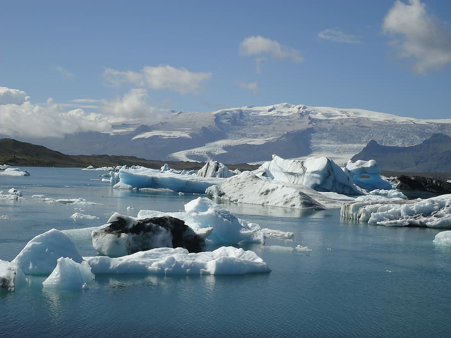 Gletser, Danau, Islandia, suhu dingin, es, musim dingin, salju, mencair, air, adegan tenang