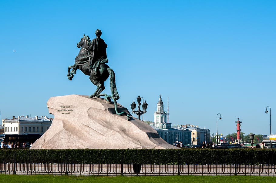 monument, bronze horseman, history, rider, bronze, sculpture, pedestal, summer, architecture, journey