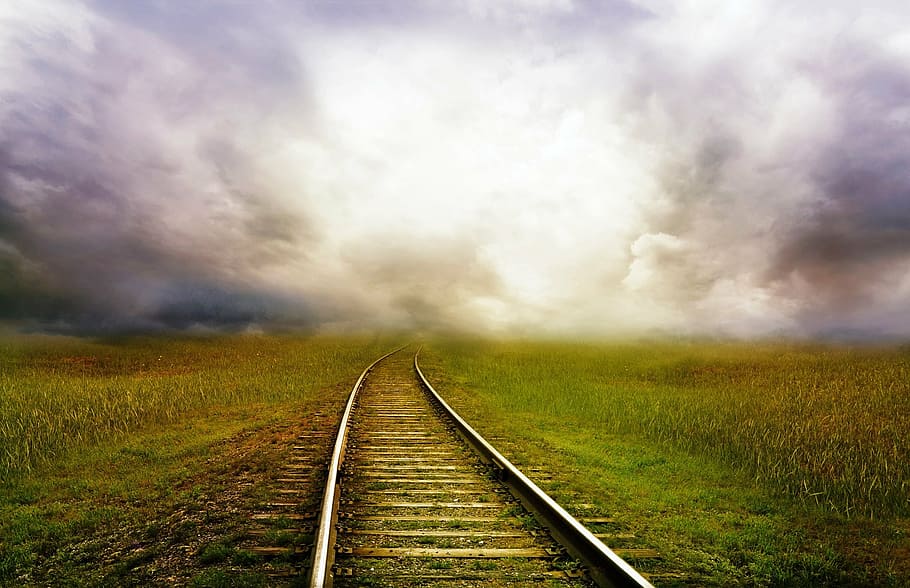 風景写真, 鉄道, 緑, 芝生フィールド, 道路, 電車, 風景, 嵐, 雲, ファンタジー