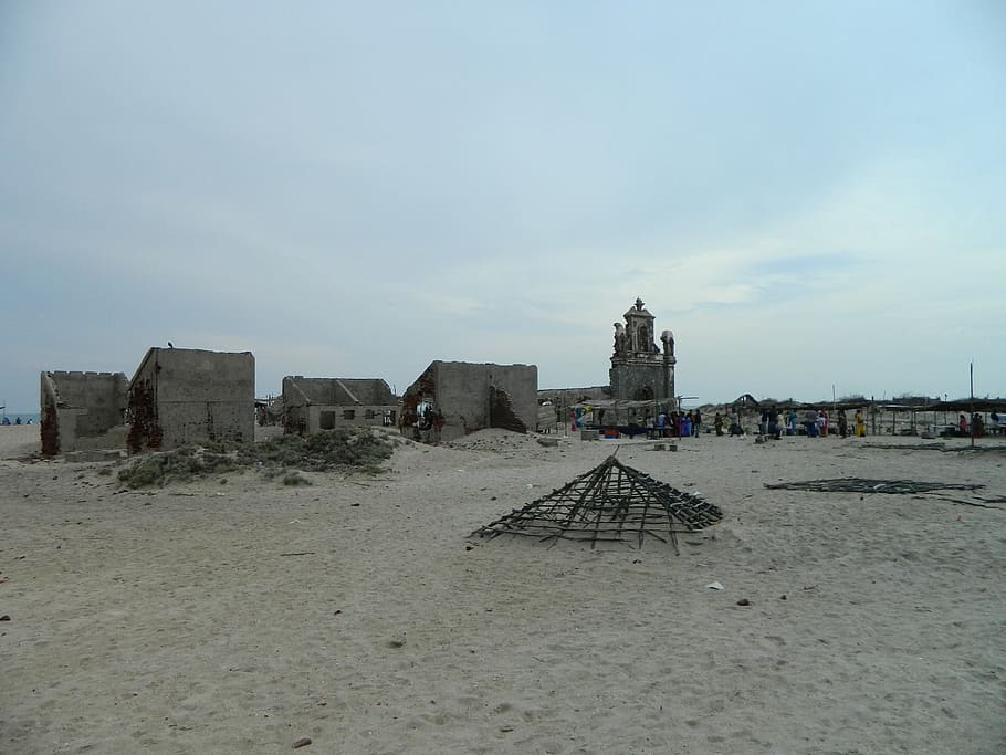 ruined city, dhanushkodi, cyclone, ghost town, architecture, built structure, sky, building exterior, land, nature