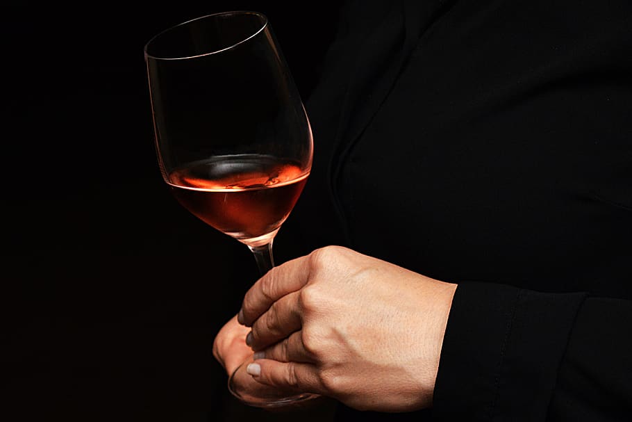 wine, rose wine, pink wine, glass, wineglass, hands, woman, female hands, elegant, alcohol