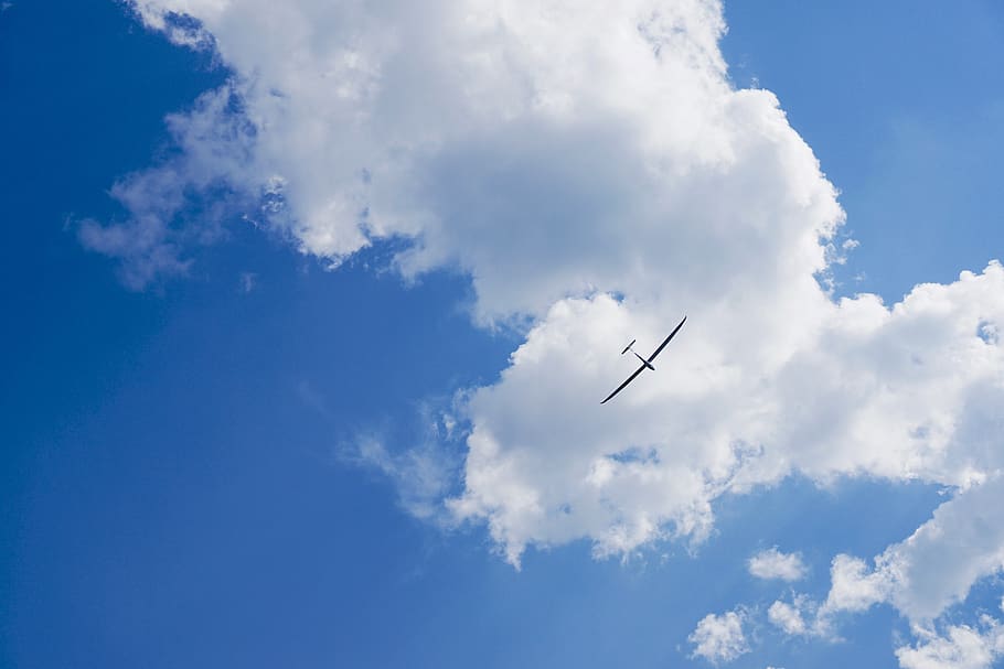 glider, aircraft, flying, sky, aviation, gliding, air sports, clouds, cloud - sky, low angle view