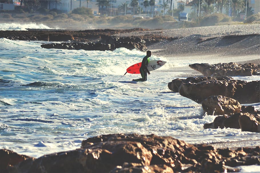 surfer, surfboard, surfing, ocean, sea, water, waves, rocks, beach, sand