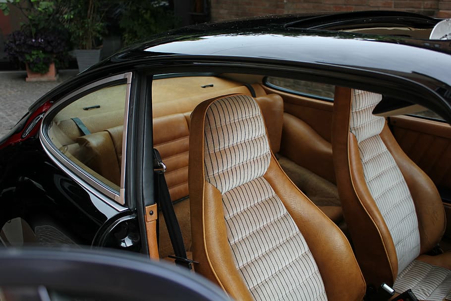 opened, door, empty, brown, leather vehicle bucket seats, porsche, interior, detail, interior car, auto