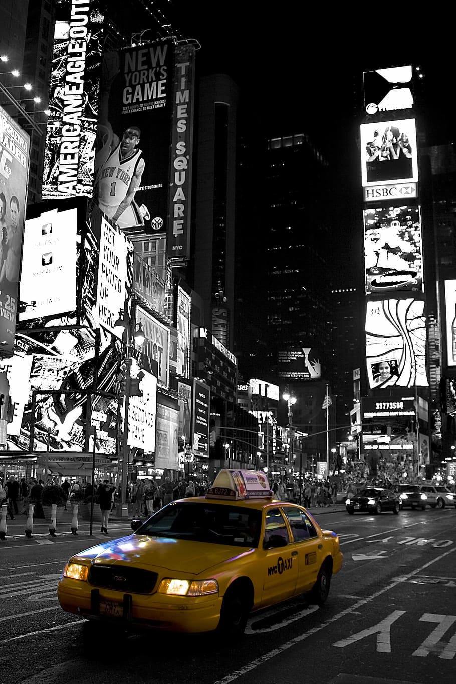 New York, Time, Time Square, Black White, new york, yellow cab, travel, building, black, cab, street