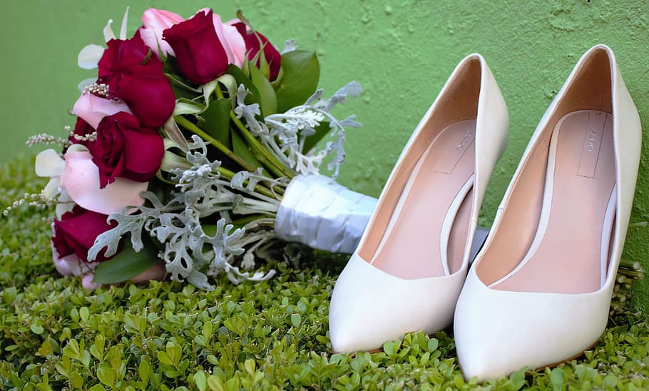 Wedding, Slippers, Bouquet, Shoes, White, femane, shoe, fashion, elegance, flower