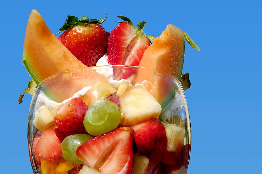 closeup, bowl, fruit salad, fruit cup, dessert, fruits, strawberries, melon, grapes, whipped cream