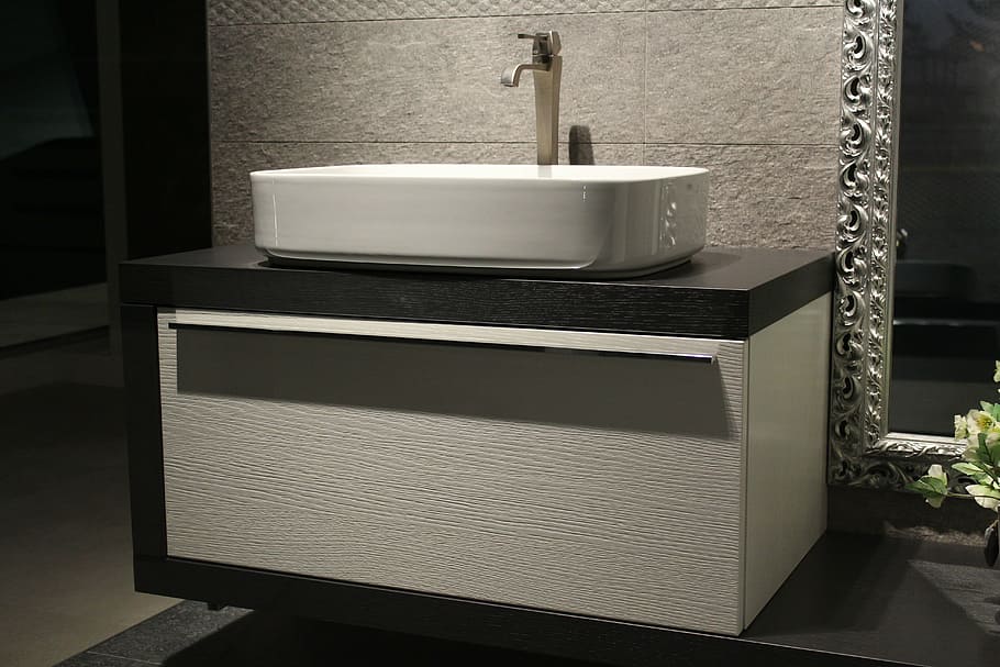 white, ceramic, sink, silver faucet, bathroom cabinet, washbasin, faucet, bathroom, domestic Bathroom, modern