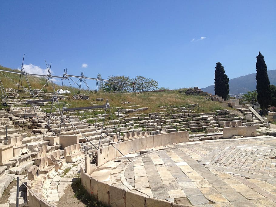 Yunani, Amphitheatre, Kuno, Teater, sejarah, tidak ada orang, di luar ruangan, pohon, hari, langit